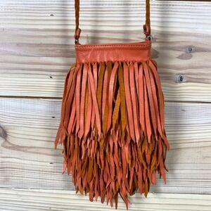 Geniune Leather Fringe Purse Bold Orange Phone Shoulder Bag Western Boho Chic